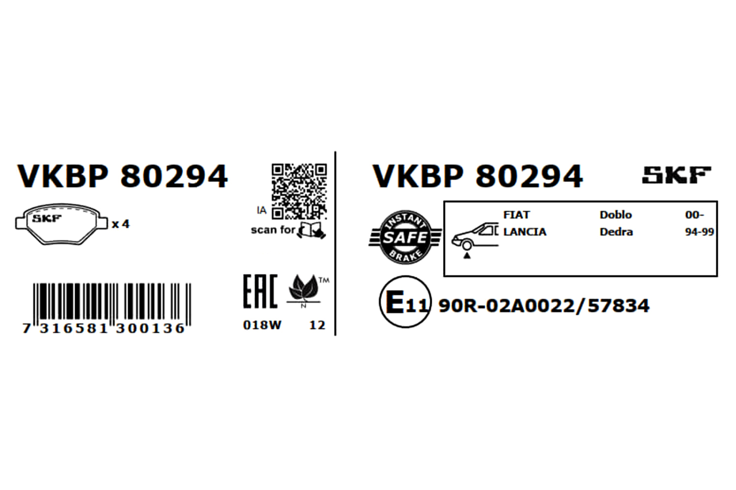 Комплект тормозных колодок, дисковый тормоз - VKBP 80294 SKF